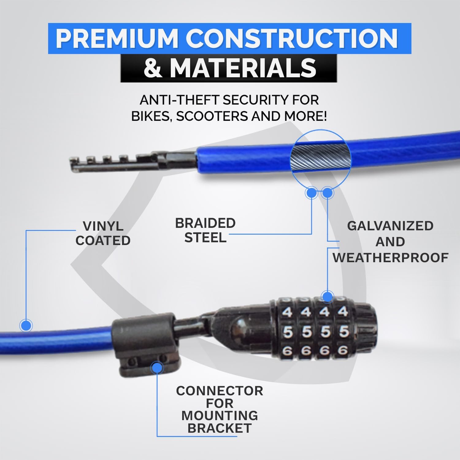 DocksLocks Candado de cable de seguridad antirrobo, azul, 2 pies, cerradura de combinación, resistente a la intemperie, portátil
