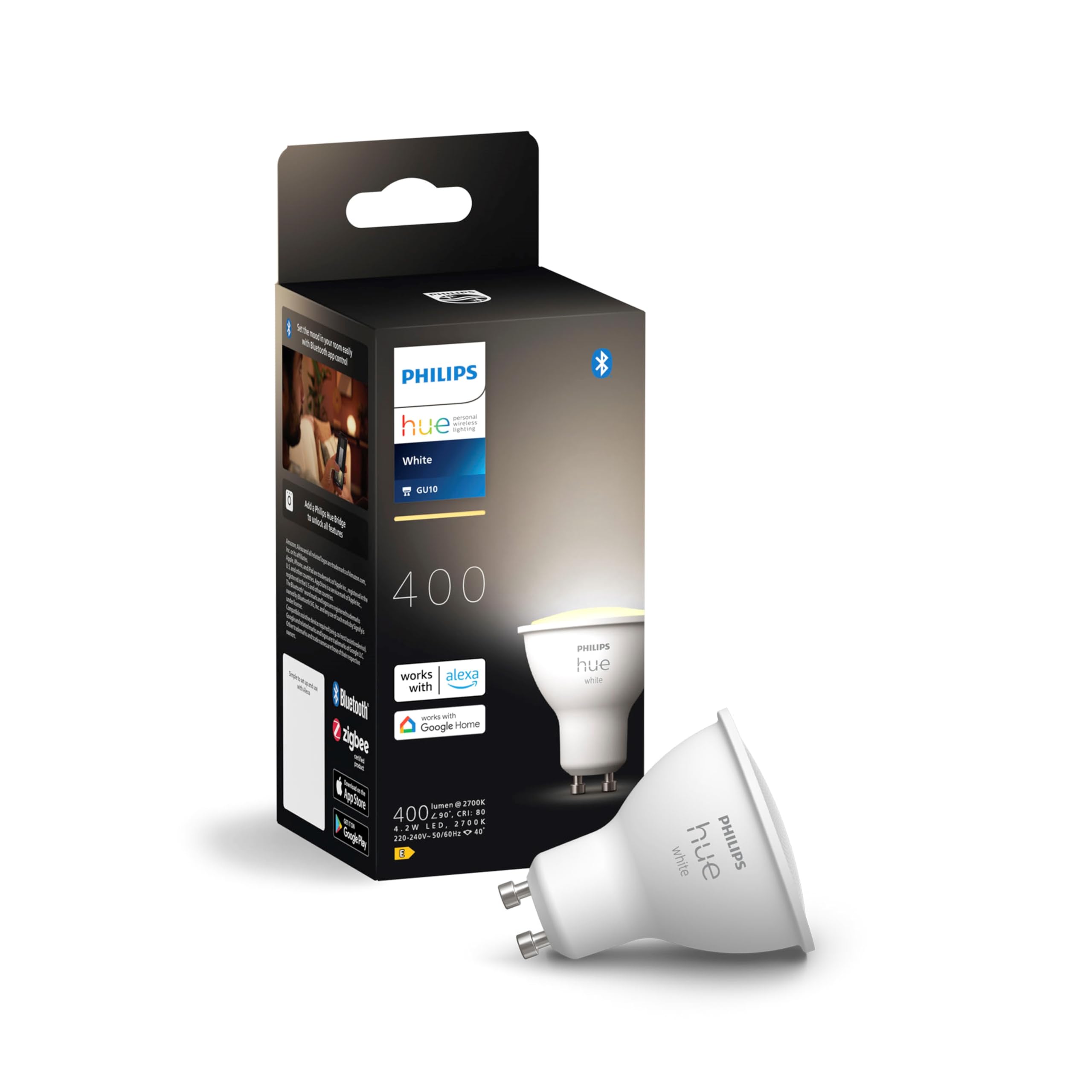 Philips Hue White GU10 LED Spot 1er Pack (400lm), dimmbare LED Lampen für das Hue Lichtsystem mit warmweißem Licht, smarte Lichtsteuerung über Sprache und App
