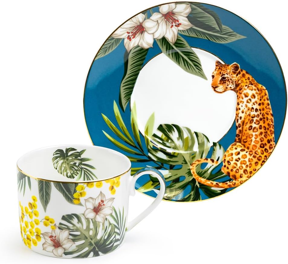 Grace Teaware Tropical Leopard Fine Porcelain 8oz Coffee Tea Cup and Saucer, Brunch Coffee Cup, Afternoon Tea