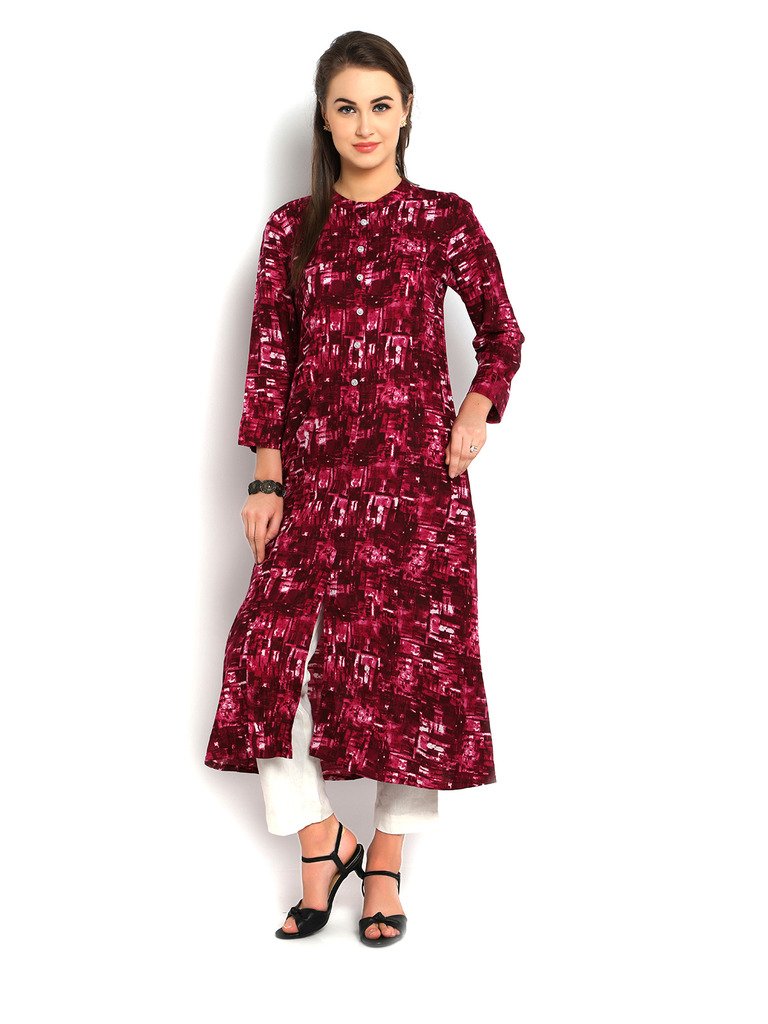 Abstract Printed Rayon Princess Cut,Flat Collar, Fancy Button Detailing, A-Line Kurta