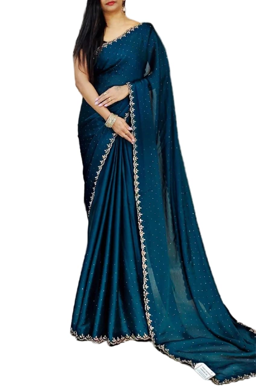 JS Clothing MartWomen's Dailywear Georgette Stone Work Saree with Border & All-Over Stone Embellishments – Wedding Saree with Blouse Piece (5 Colors, 5.5m Saree + 0.8m Blouse)