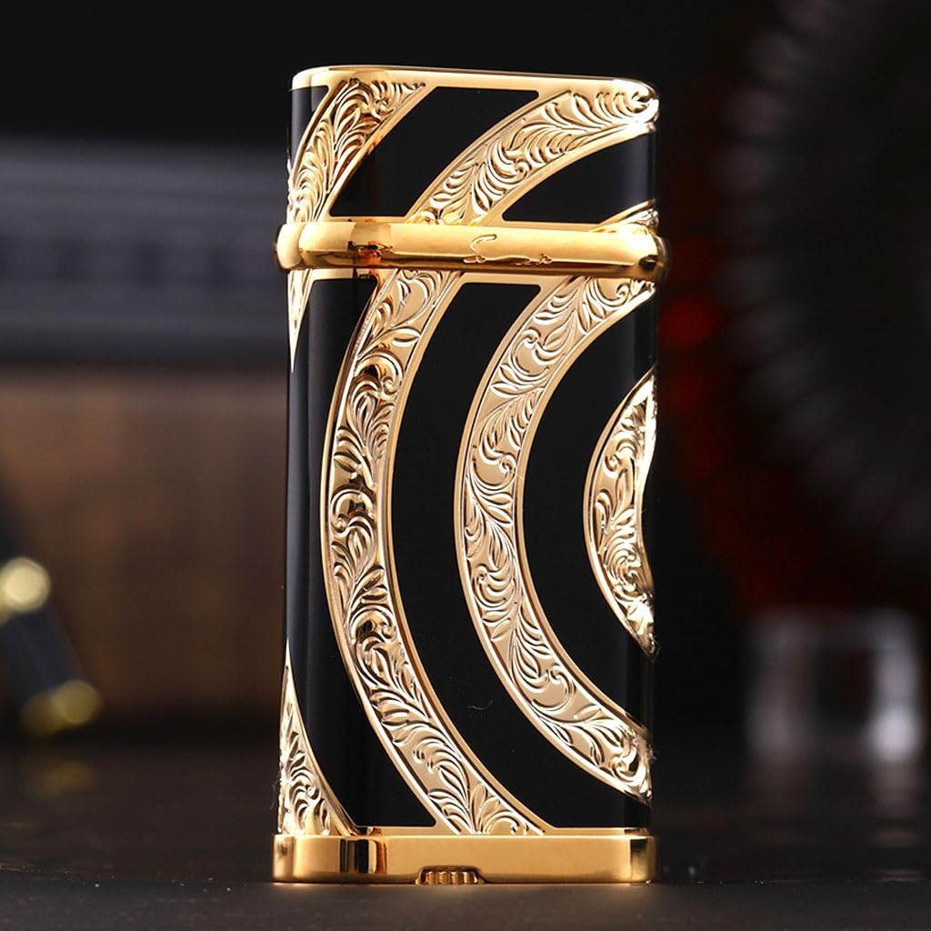 High-end Pure Copper Gas Lighter Hand-Carved Flip Grinding Wheel Soft Flame for Collecting Mens Business Gifts Black Gold