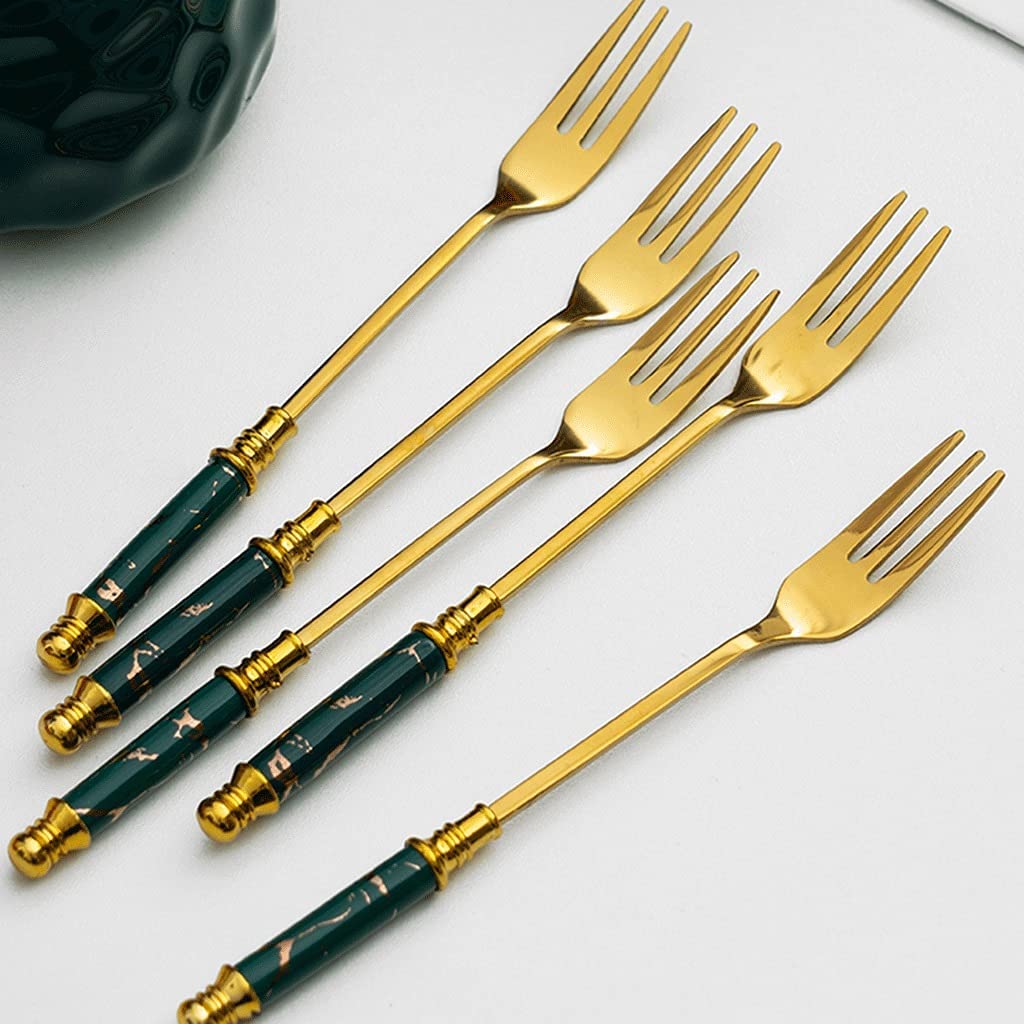 Juego de cubiertos de tenedor de frutas de acero inoxidable, con tarro de almacenamiento de cerámica, juego de tenedores de postre de cubiertos de plata, juego de cubiertos de tenedores de ensalada de