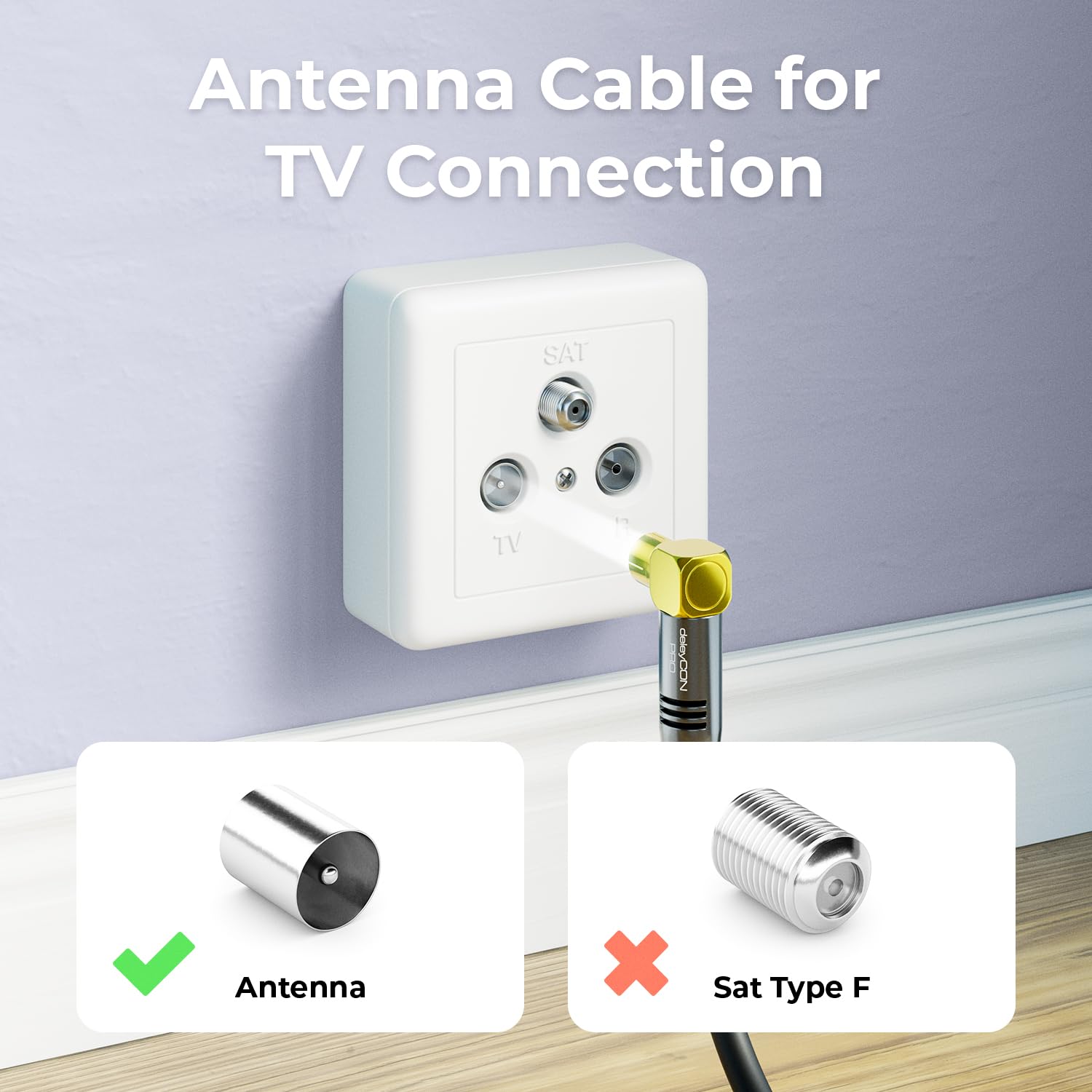 deleyCON 3,0m Kabel Antenowy TV 4K - 4K Ultra HD Full HD HDTV - 2x Kątowy - Kabel Koncentryczny - Wtyk IEC (90°) do Gniazda IEC (90°) - Metalowe Złącza - Czarny