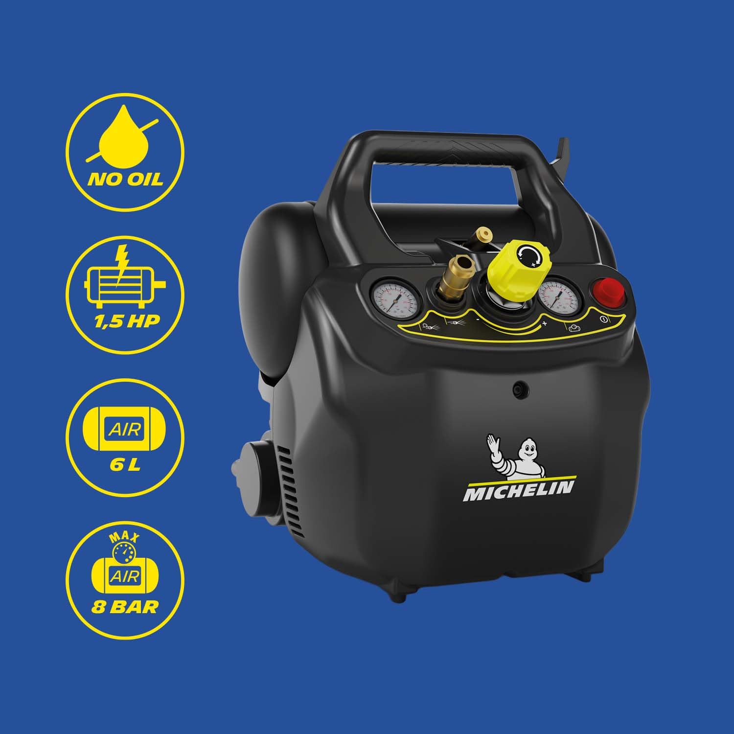 MICHELIN, Compressore d’Aria Portatile MX POP AIR 6-1,5, Serbatoio 6 Litri, Motore da 1,5 hp, Pressione Massima 8 bar, Portata d’Aria 180 l/min