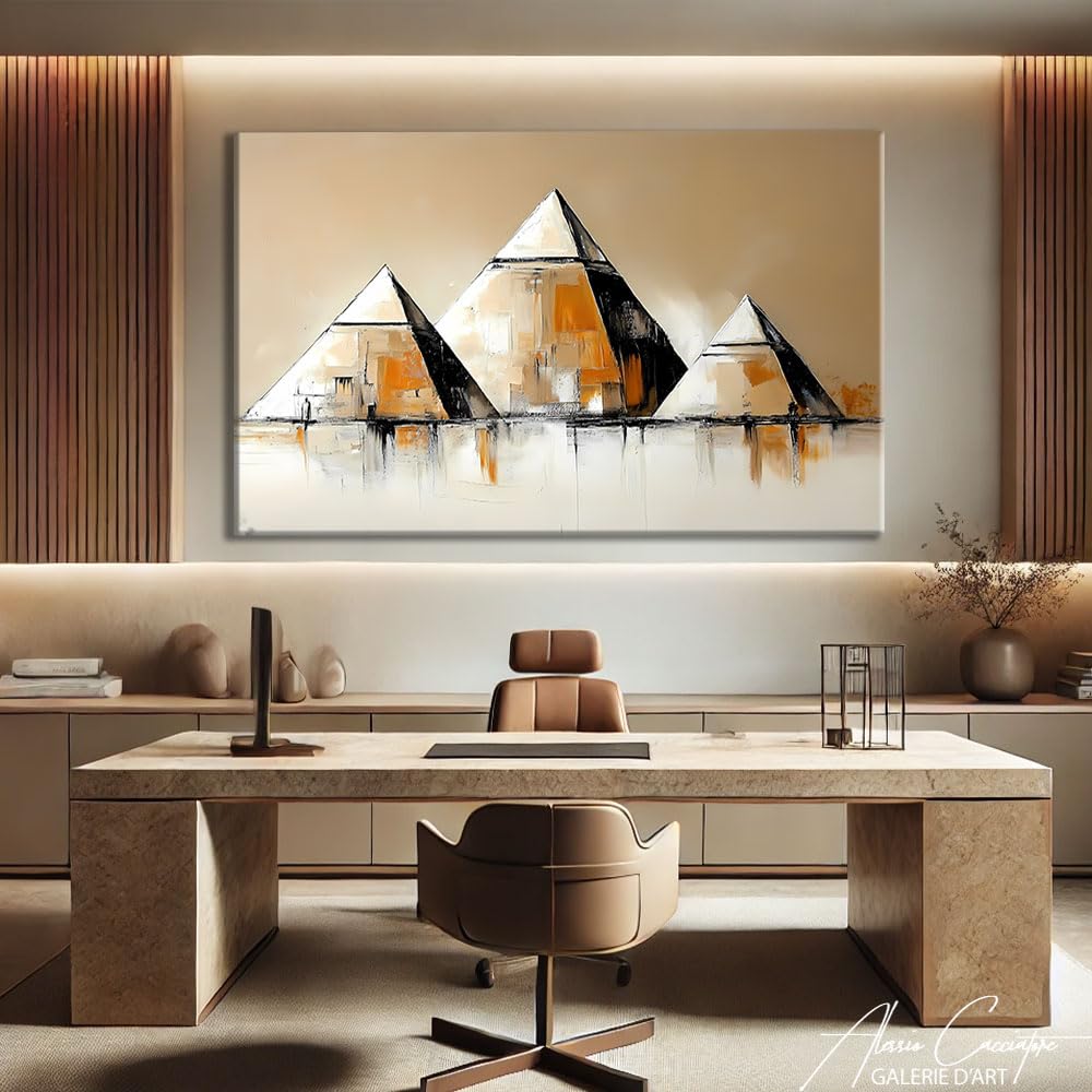 Cuadro egipcio Pirámide – Mural decorativo en Egipto – Lienzo impreso en pared, color beige – Deco de pared, elegante salón, – Cuadro egipcio – Impresión sobre lienzo – Idee Deco Bureau (80 x 60 cm)