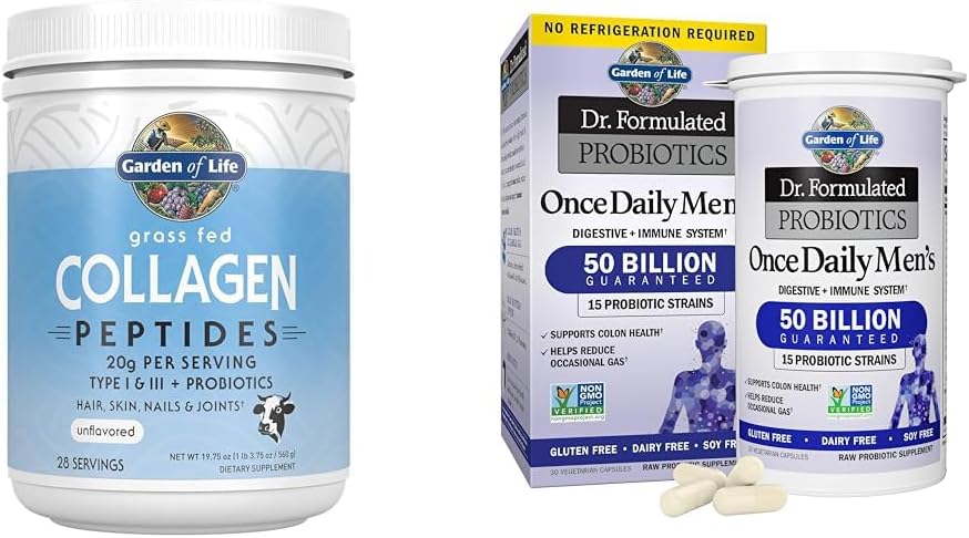 Garden of Life Péptidos de colágeno alimentados con pasto 28 porciones + probióticos para hombres 50 mil millones de UFC 30 cápsulas