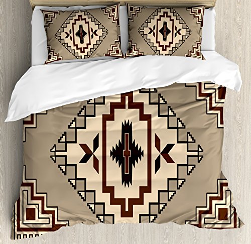 Lunarable Geometric Duvet Cover Set, Prehistoric Culture Pattern Ornament Orient Tribal Elements, Decorative 3 Piece Bedding Set with 2 Pillow Shams, King Size, Beige Brown