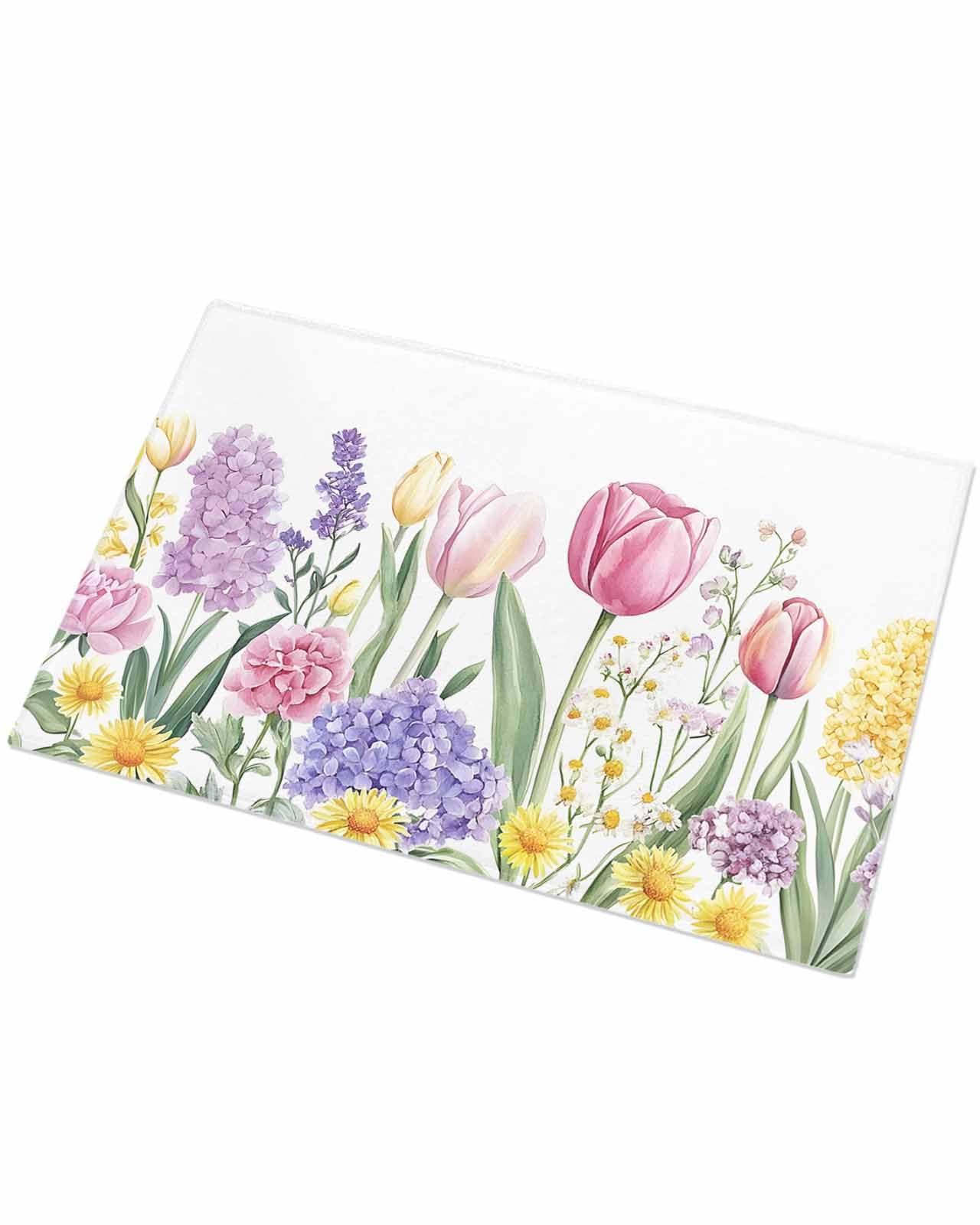 Indoor Doormat Spring Summer Lavender Tulip,Shaggy Floor Mat with Non-Skid Backing Watercolor Pastoral Flowers,Machine Washable Plush Area Rug Carpets for Kitchen Nursery Bedroom