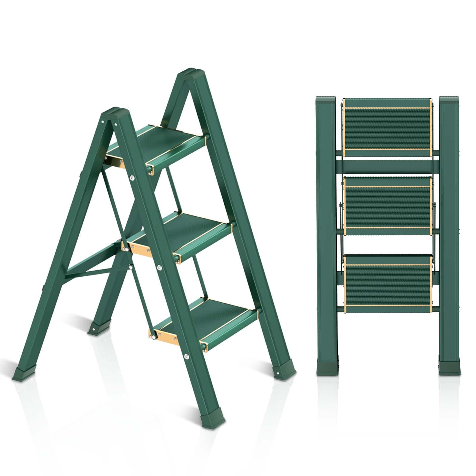 3 Step Ladder, Folding Step Stool with Wide Anti-Slip Gold Wide Pedal ...