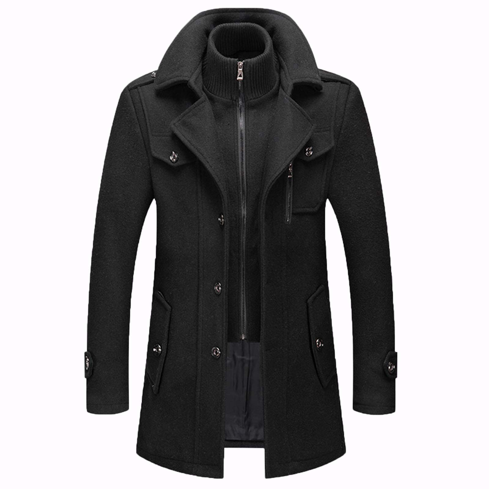 Männer Warmer Wollmantel, abnehmbare Doppelkragen Erbsen-Mäntel Casual Winter Business Slim Fit Jacke Plus Baumwollfutter Dicker Abzug im Freien