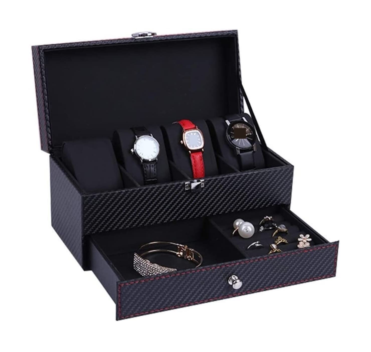 TIANQIHAO Watch Case Pu Leather 4 Slots Watch Box 2-Tier Organizer Case Jewelry Holder Showcase Display Drawer Storage Box Watch Box,Black-22.2 * 11 * 11.2cm