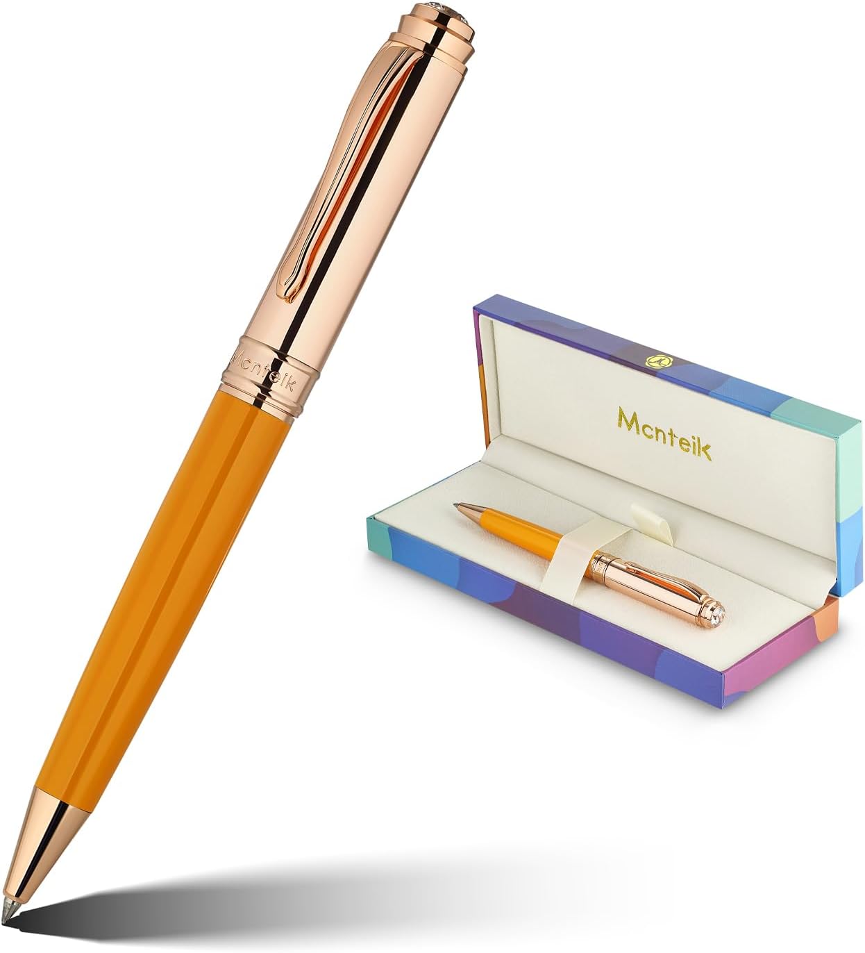 Luxury Gel Pen, Top Set With 8mm Brilliant Diamond,Bright Orange Pen Lacquer,Rose Real Gold Finish, Black Refill,Elegant Gift Pen For Women, Unique, Office,Nice Designer Pens