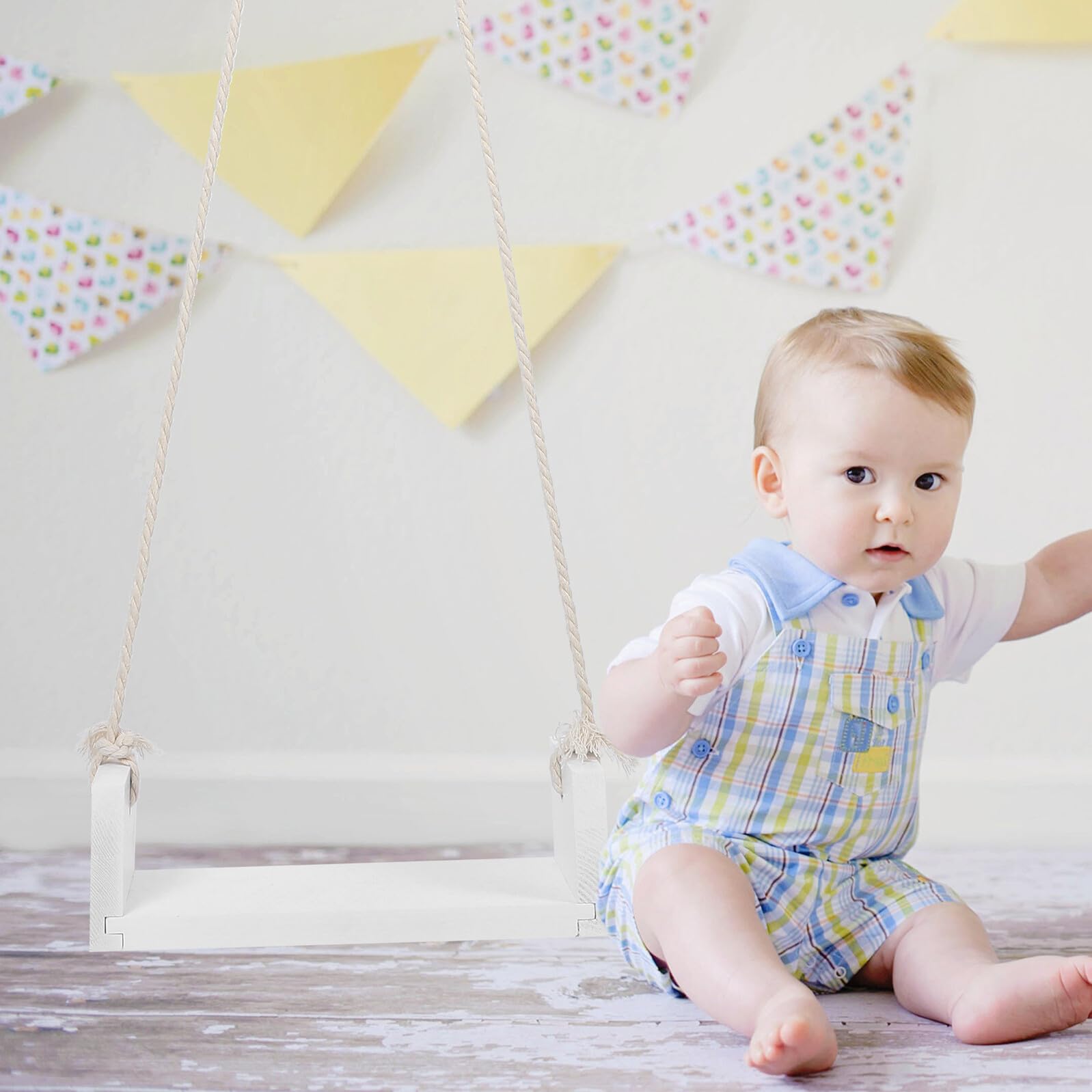 Holz Babyschaukel Fotorequisite für Neugeborenenfotografie aus Weißem Holz mit Hanfseil Vielseitig Einsetzbar im Professionellen Fotostudio für Neugeborene und Babys