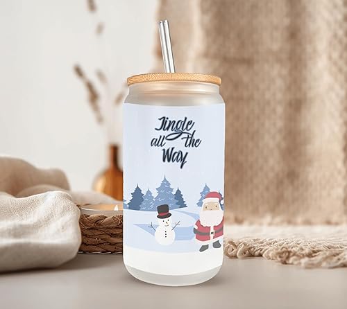 Miniatura 6 de Jingle All The Way Frosted Glass Can with Bamboo Lid, cleaning brush and plastic straw, 16 Oz Santa Claus & Snowman Glass Cup Mugzan