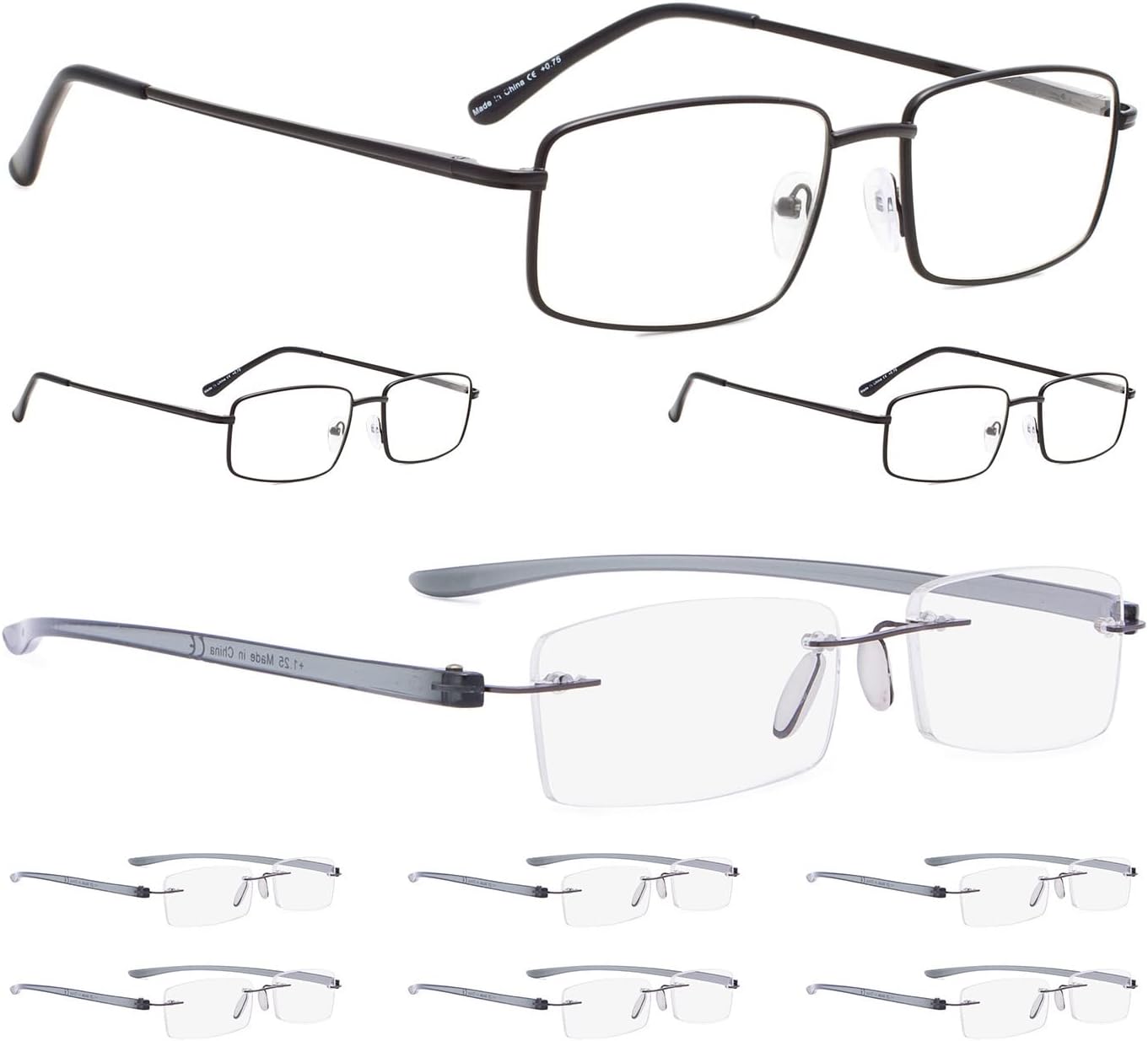 LUR 3 Packs Metal Reading Glasses + 7 Packs Rimless Reading