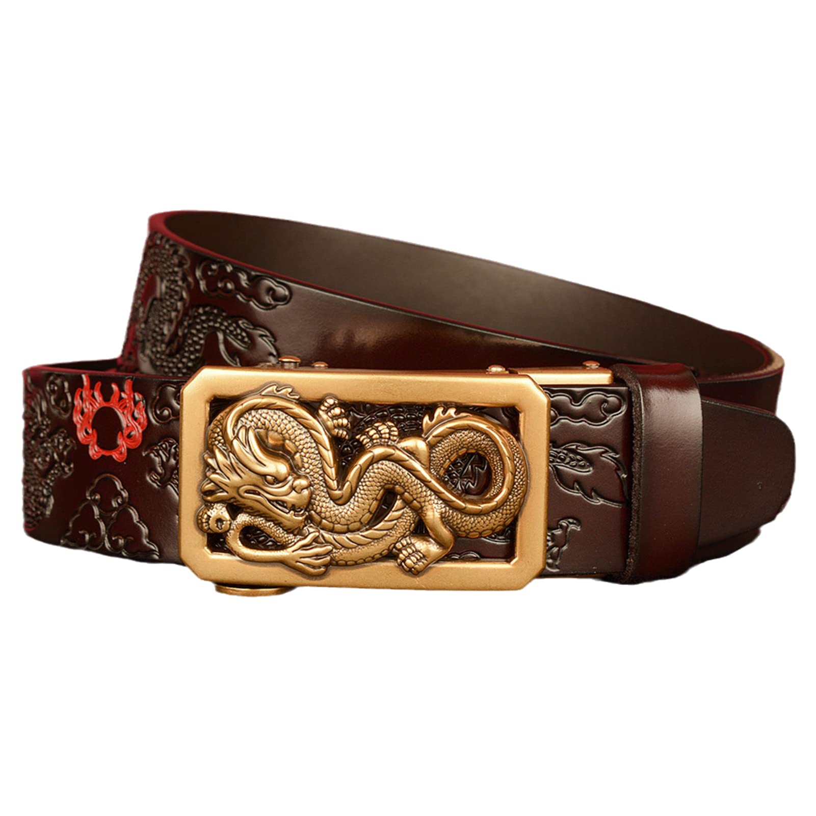 Cinturón De Trinquete For Hombre 3,5 Cm Cuero Genuino Con Hebilla Deslizante Automática Y Escultura Dragón Dorado Hueco Grabado