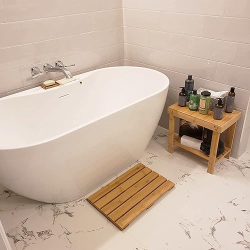 Miniatura 6 de HOIGON Paquete de 2 taburetes de bambú de 13 pulgadas, taburete de bambú con estante de almacenamiento, taburete de bambú para el hogar, jardín, baño