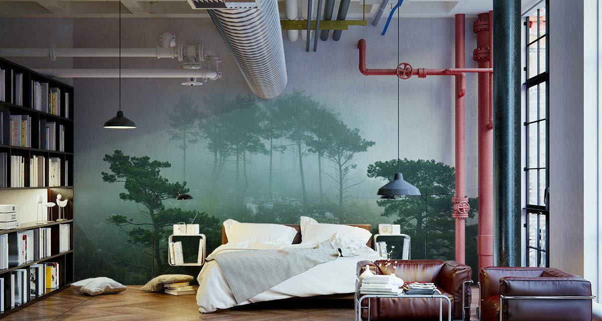 Muralo Papel Pintado Fotográfico De Vinilo Liso Con Diseño De Bosque En Niebla 520 X 318