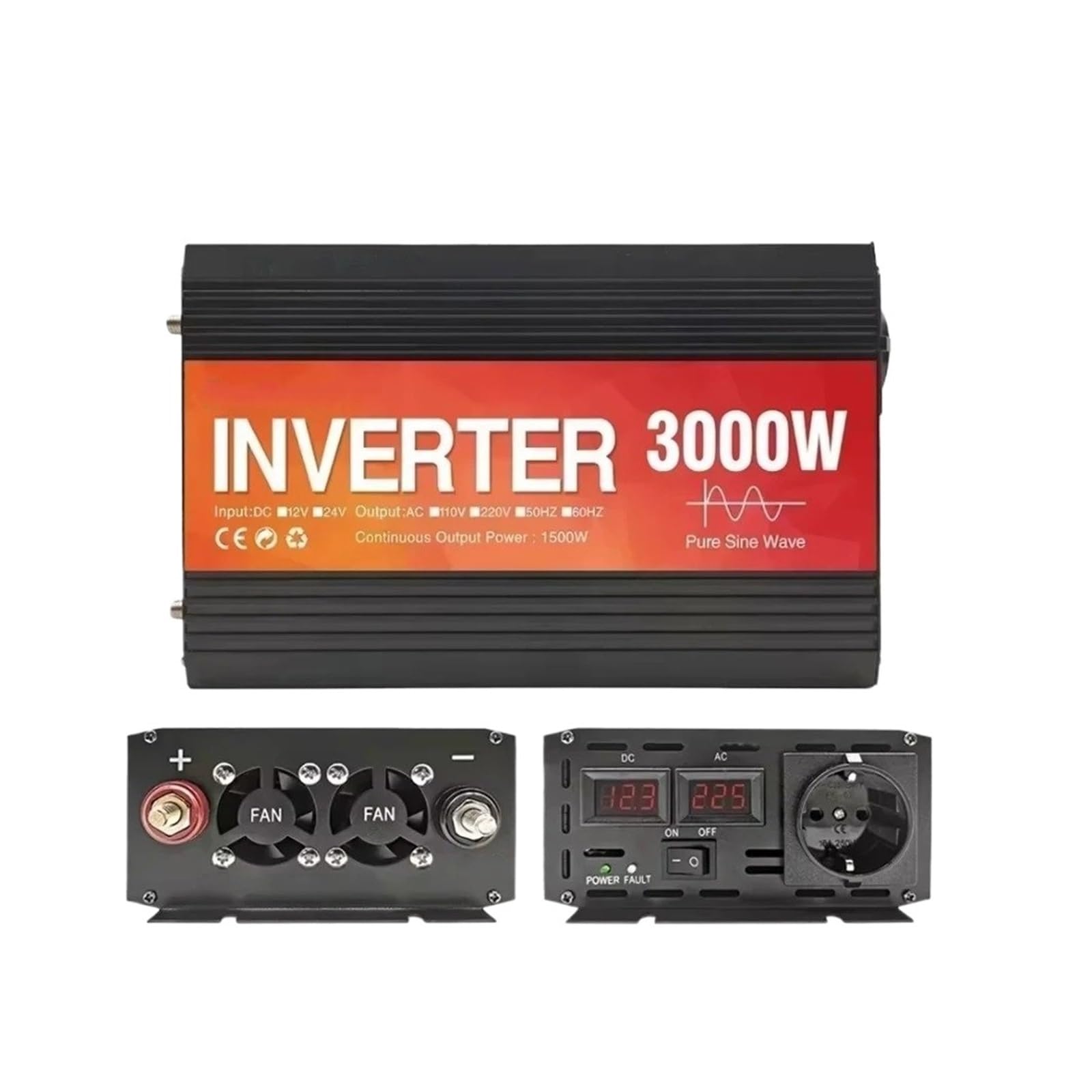 Inversor Coche 12 V 24 V A 220 V 50 Hz 60 Hz 2000 W 3000 W 4000 W Convertidor Voltaje Inversor Solar Onda Sinusoidal Pura Transformador(12V,220V50HZ,3000W EU Socket)