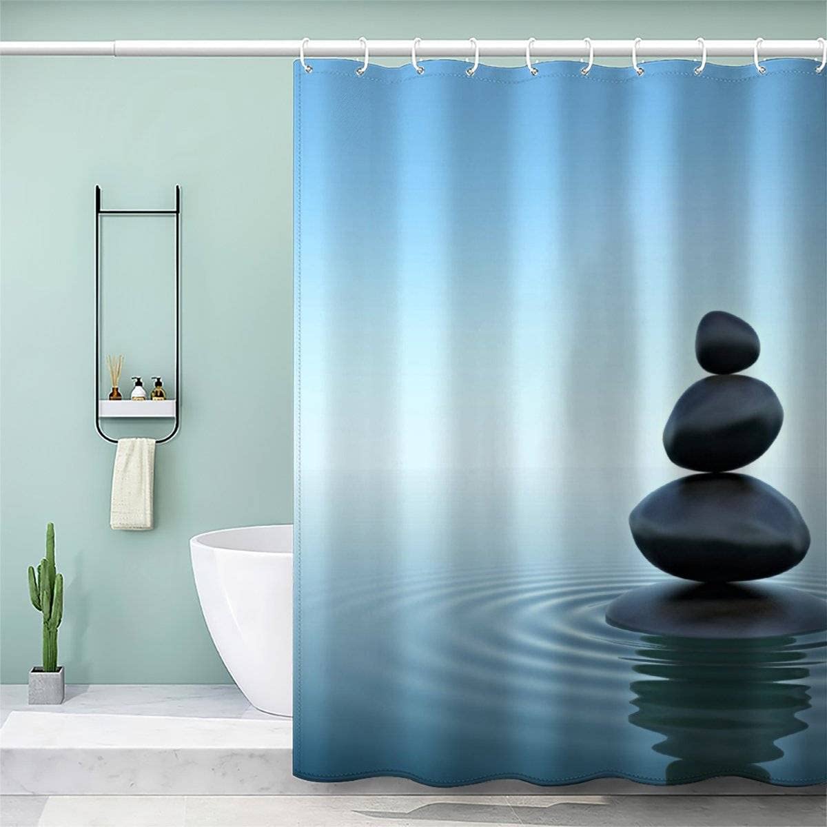 VASENA Shower Curtain Zen Stone Blue Bath Curtain 3D Printed Mould Proof Bath Curtains for Shower Polyester Shower Curtains 180x180 cm