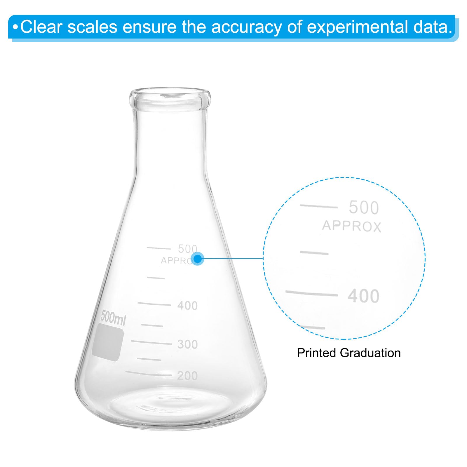 PATIKIL Erlenmeyer-Kolben, 4 Stück 500 ml Schmale Mundgraduierte Kolben aus Borosilikatglas mit aufgedruckter Graduierung für Labor, Experiment, Chemie, Wissenschaftsstudium