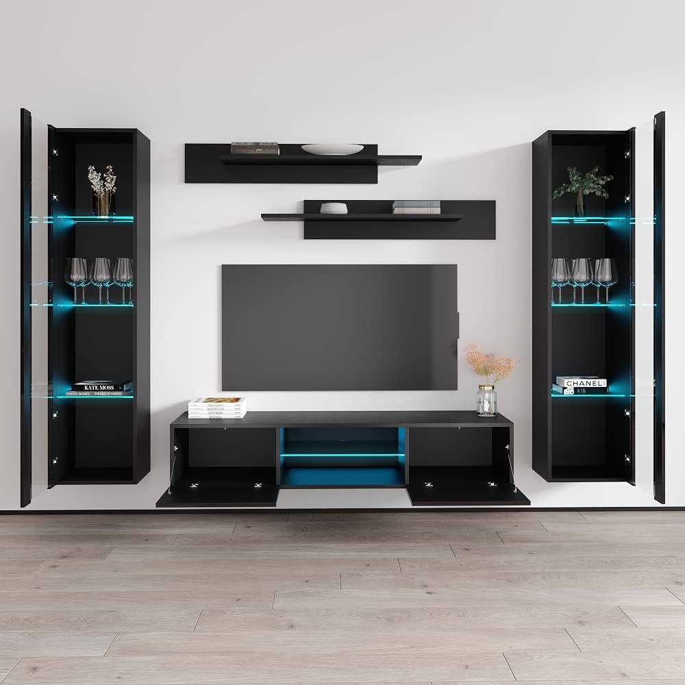 Meble Furniture Fly AB2 33TV Stand Wall-Mounted Entertainment Center — Floating Modern TV Console with Storage Shelves and LED Lights, 65.4 x 15.7 x 18.1 in — Black