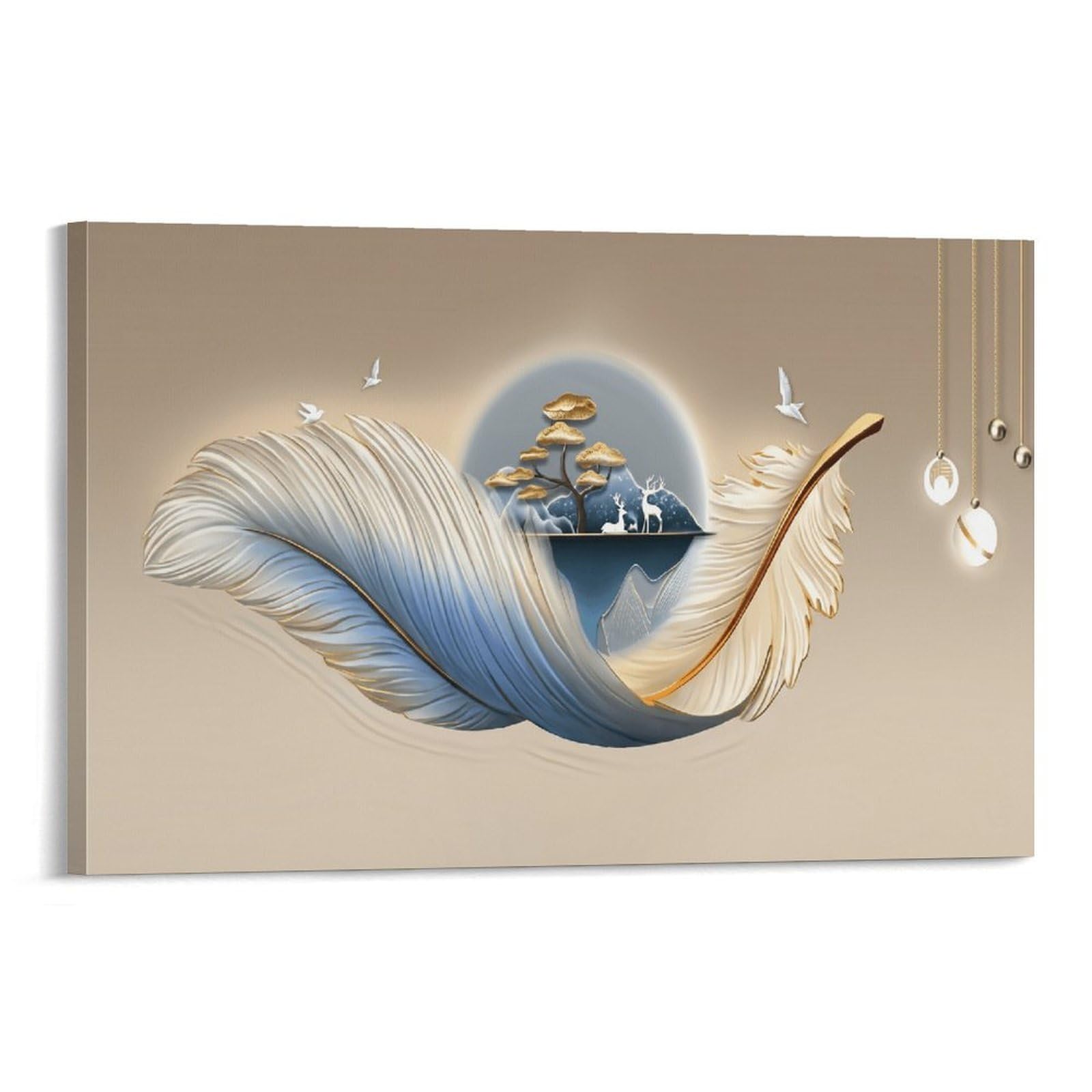 XPASHIQWC Gradient Feather Poster Artwork Deer & Landscape Canvas Prints Picture Modern Canvas Wall Art Picture Wall Hanging for Dining Room Kitchen Home Office Decor 20x30inch(50x75cm)