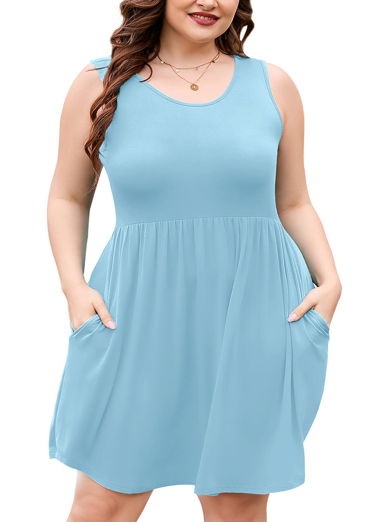 AusLook Plus Size Summer Tank Dress for Women Casual Sleeveless Crewneck Pleated Babydoll Swing Sundresses with Pockets 1X-5X