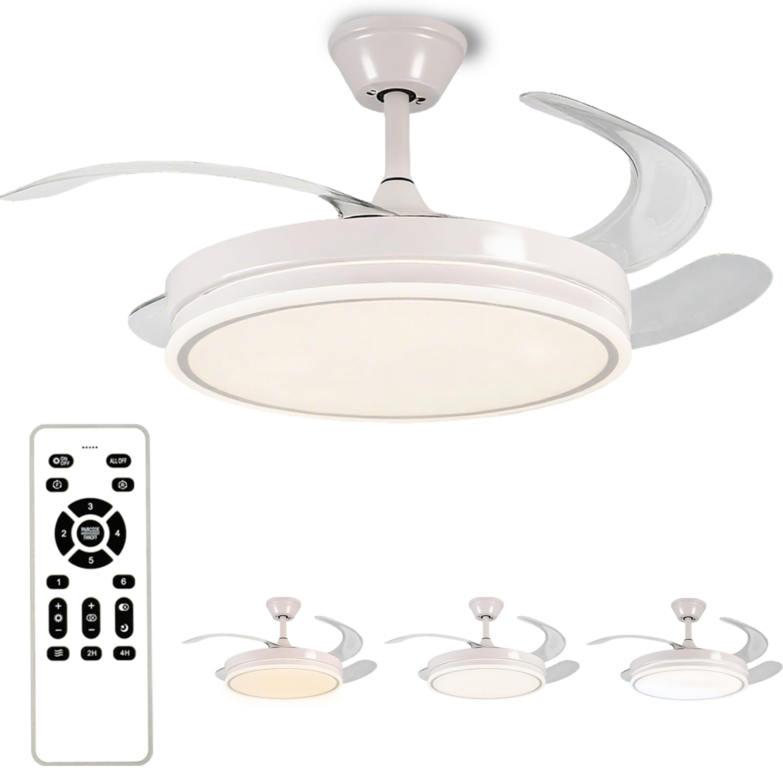 Warmfay Deckenventilator mit Beleuchtung, 108CM Ventilatorlicht Einziehbaren Flügeln, Leiser LED Deckenventilator, 3 Farbtemperaturen, Dimmbar, Reversible DC Motor, Timer, 6 Geschwindigkeiten, Weiß
