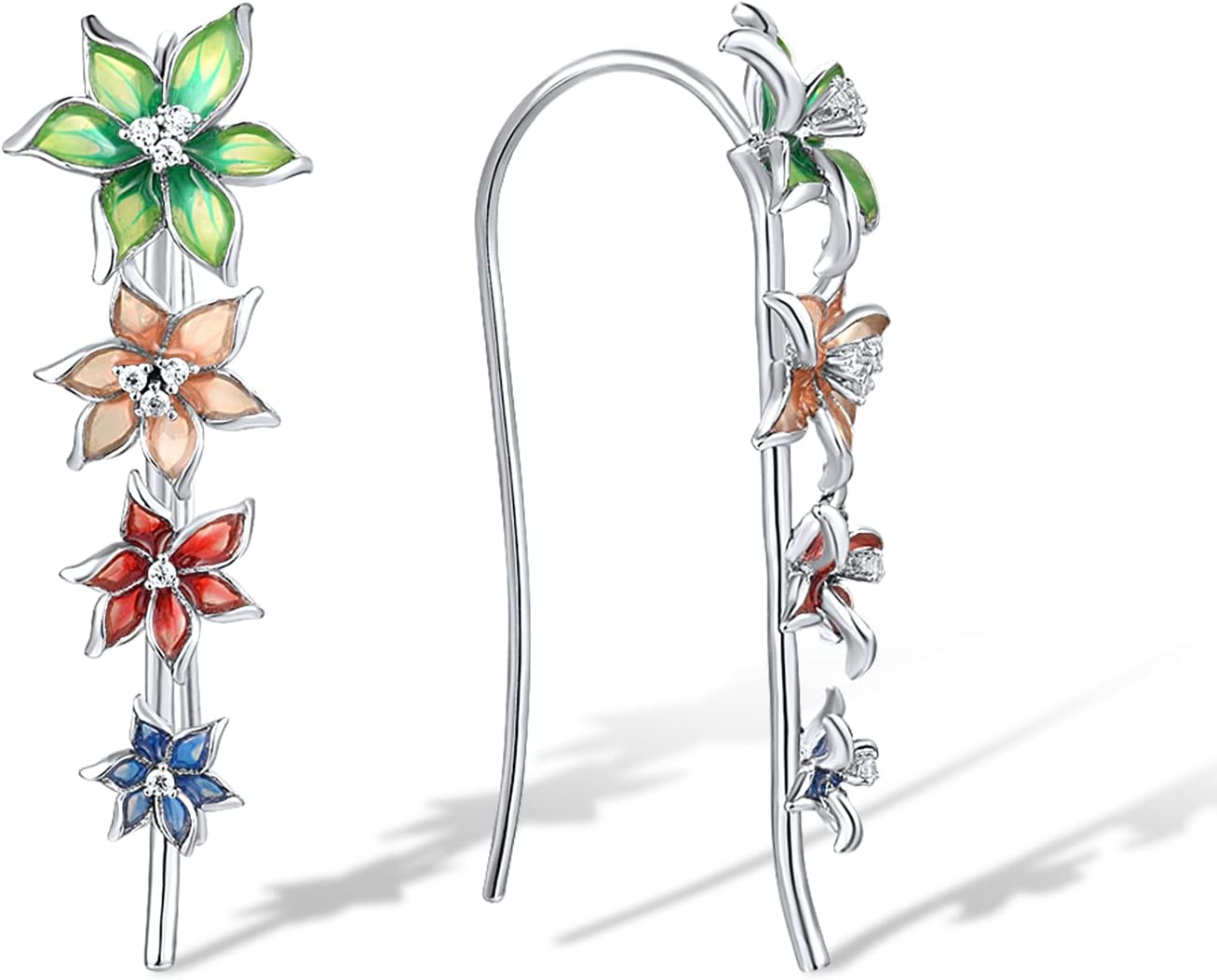 Santuzza 925 Sterling Silver Enamel Flower Ear Cuffs Climber Earrings for Women - Image 2