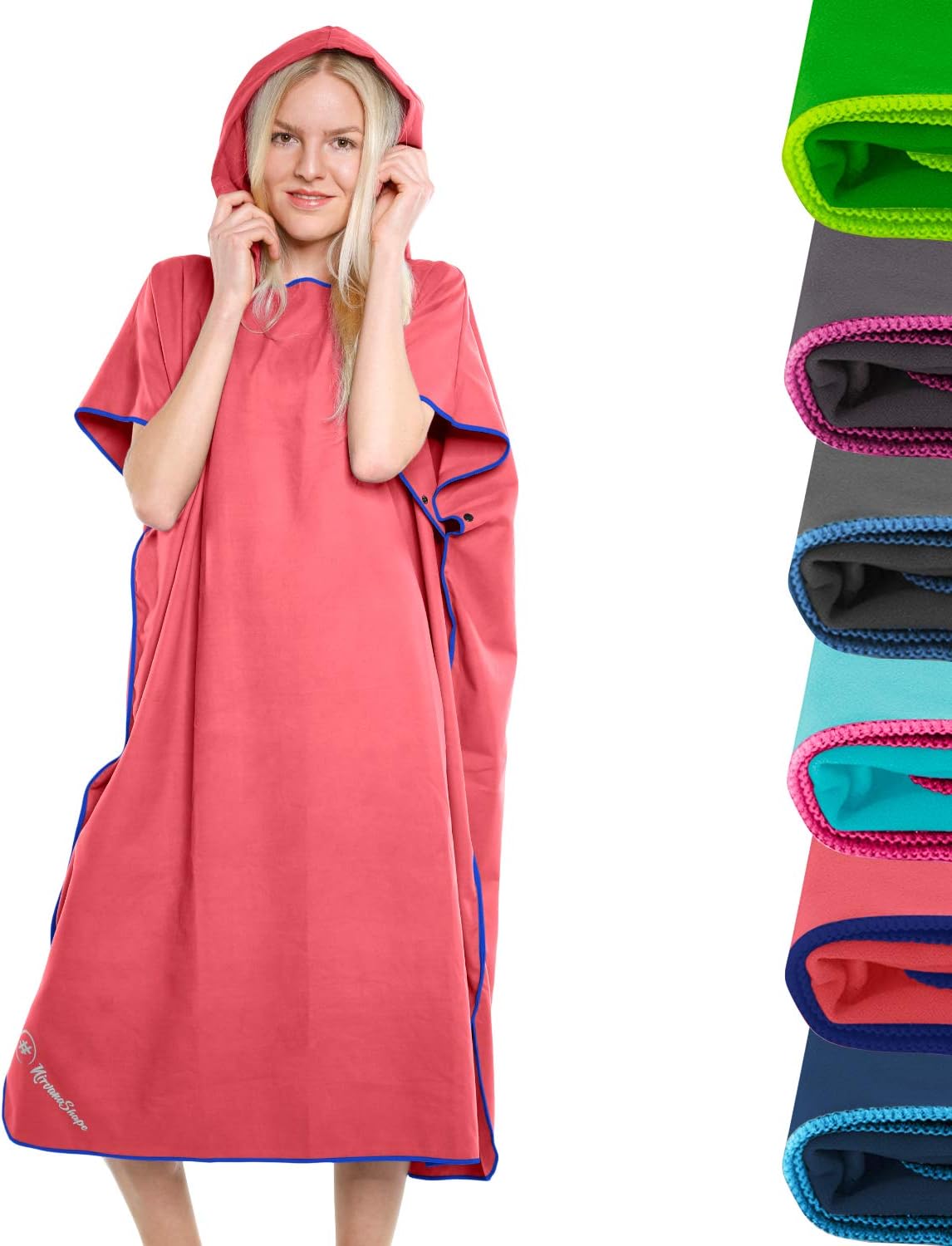 NirvanaShape Towel Poncho for Adults, Coral Red / Blue Edge, 117 x 85 cm