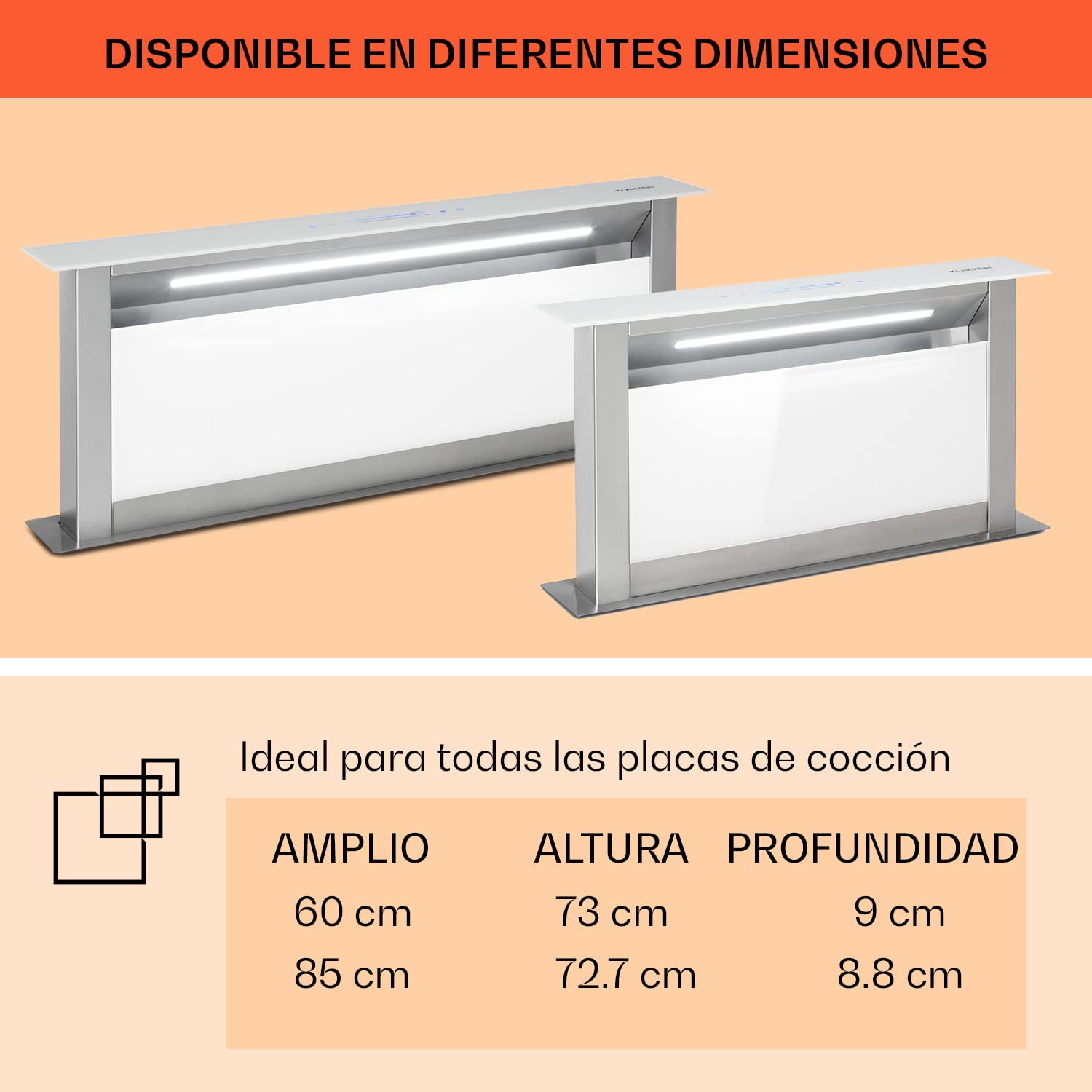 Klarstein Royal Flush Eco 60cm - Campana extractora retráctil, 576 m³/h, Touch-To-Slide, LED, eficiencia energética A++, acero inoxidable y cristal, recirculación/extracción de aire