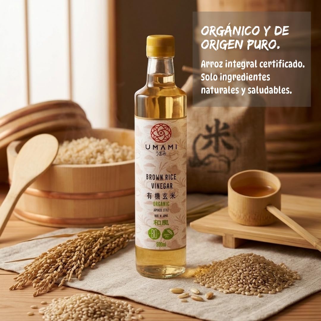 Umami Vinagre de Arroz Integral BIO 500ml - Fabricado en Japón - Fermentación Natural - Ideal para Sushi, Macrobiótica y Aliños - Metodo Premium