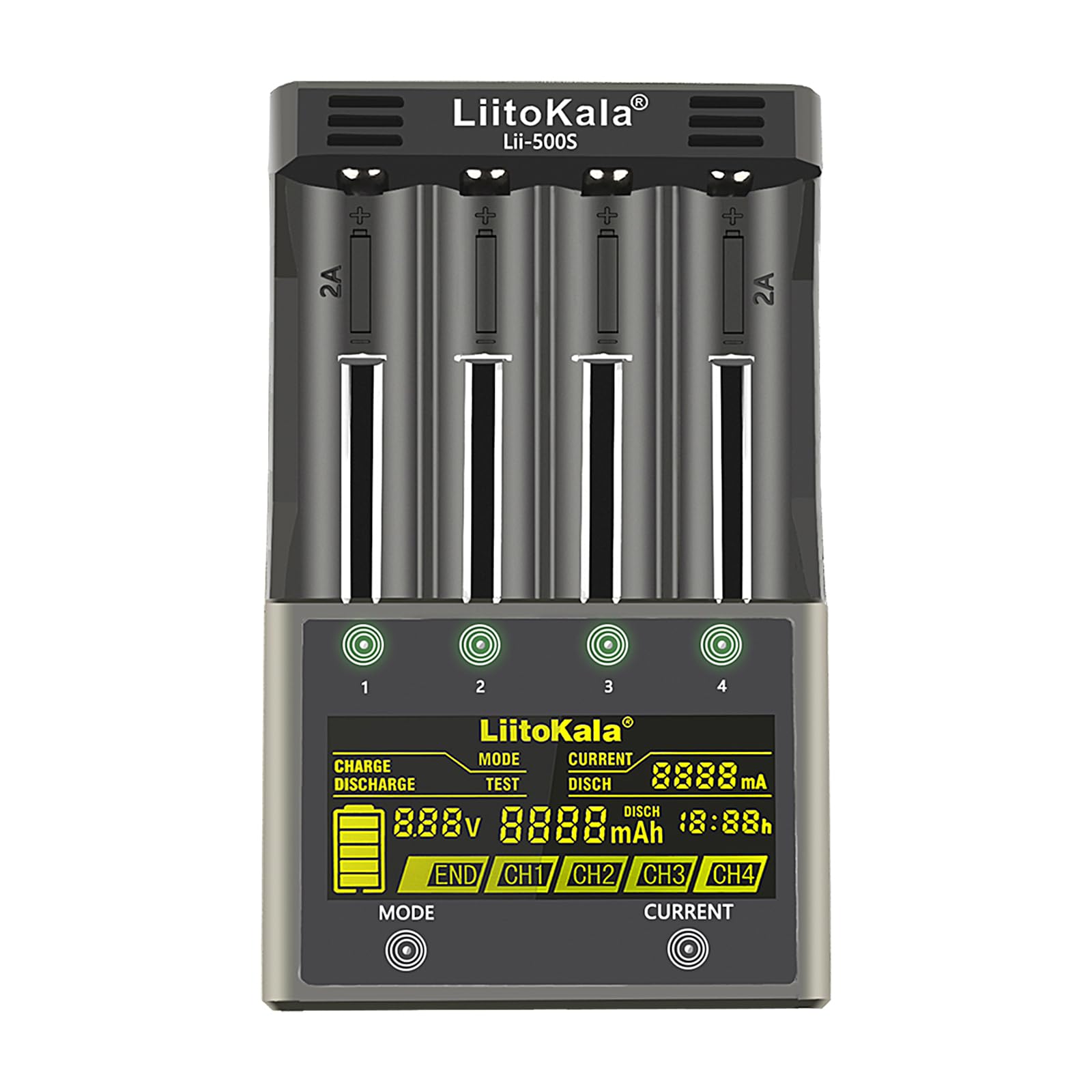 LiitoKala Lii-500S Szybka ładowarka do baterii z ekranem dotykowym LCD, mobilne wyjście USB 5 V, dla 26650 18650 14500 Li-Lion (4,2V) AA AAA Ni-MH, adapter trybu testu/rozładowania 12V3A, 4