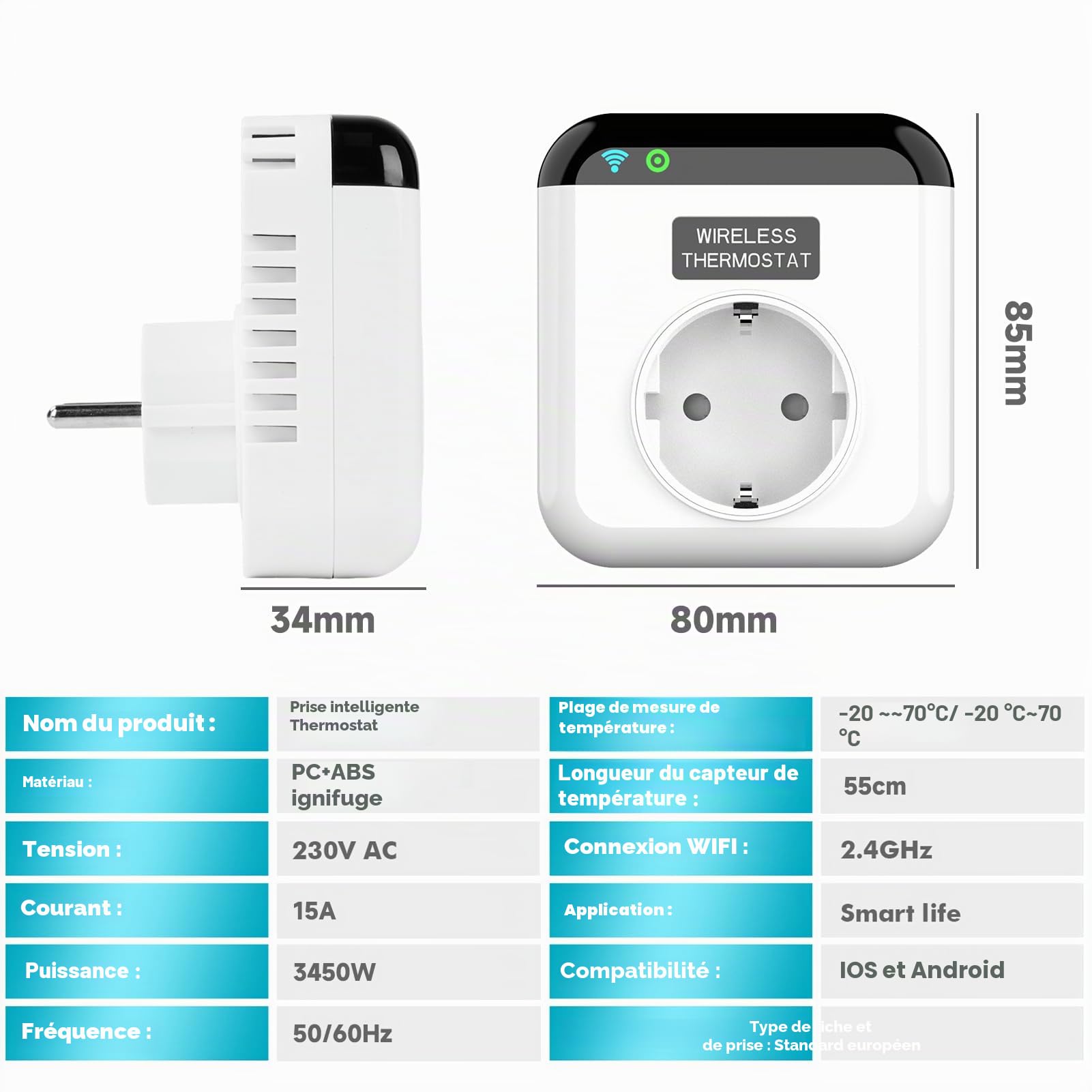 Jadeshay Prise Thermostat Chauffage Prise Thermostat avec sonde Thermostat connecté Compatible avec Smart Life APP Télécommande avec Chauffage Refroidissement Mode