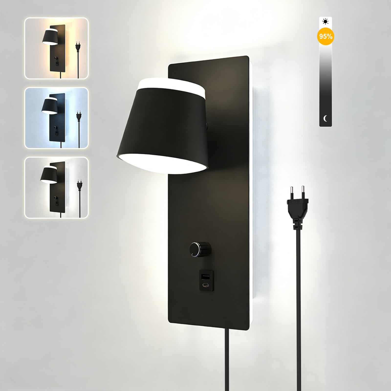 Sytmhoe Lampa ścienna do sypialni z przełącznikiem, wtyczką USB typu C, funkcja ładowania, 25 W, 2000 lm, ściemniana, nocna 3000 K, 6000 K, 4500 K, nowoczesna czarna lampa ścienna do wnętrz z kablem