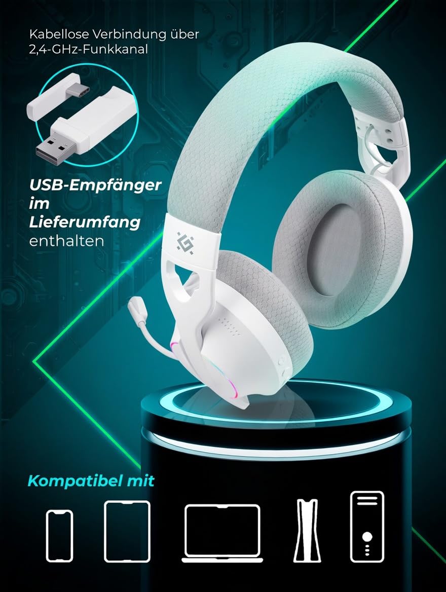 Defender® Weaver PRO Wireless Gaming Headset 40h Akkulaufzeit, 2.4GHz+BT(≤30ms), 7.1 SurroundSound,Kopfhörer Mit Mikrofon mit Noise-Cancelling, Kompatibel für PS5/PS4/Switch, PC Headset, Weiß