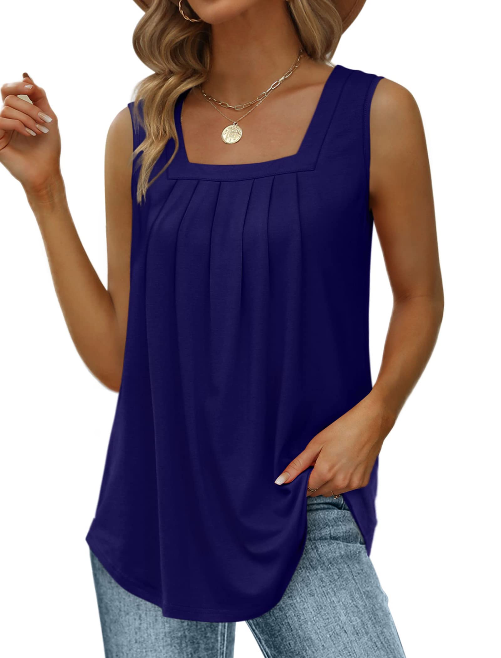Saloogoe Summer Tank Tops for Women Loose Fit Pleated Square Neck Sleeveless Tops Curved Hem Flowy