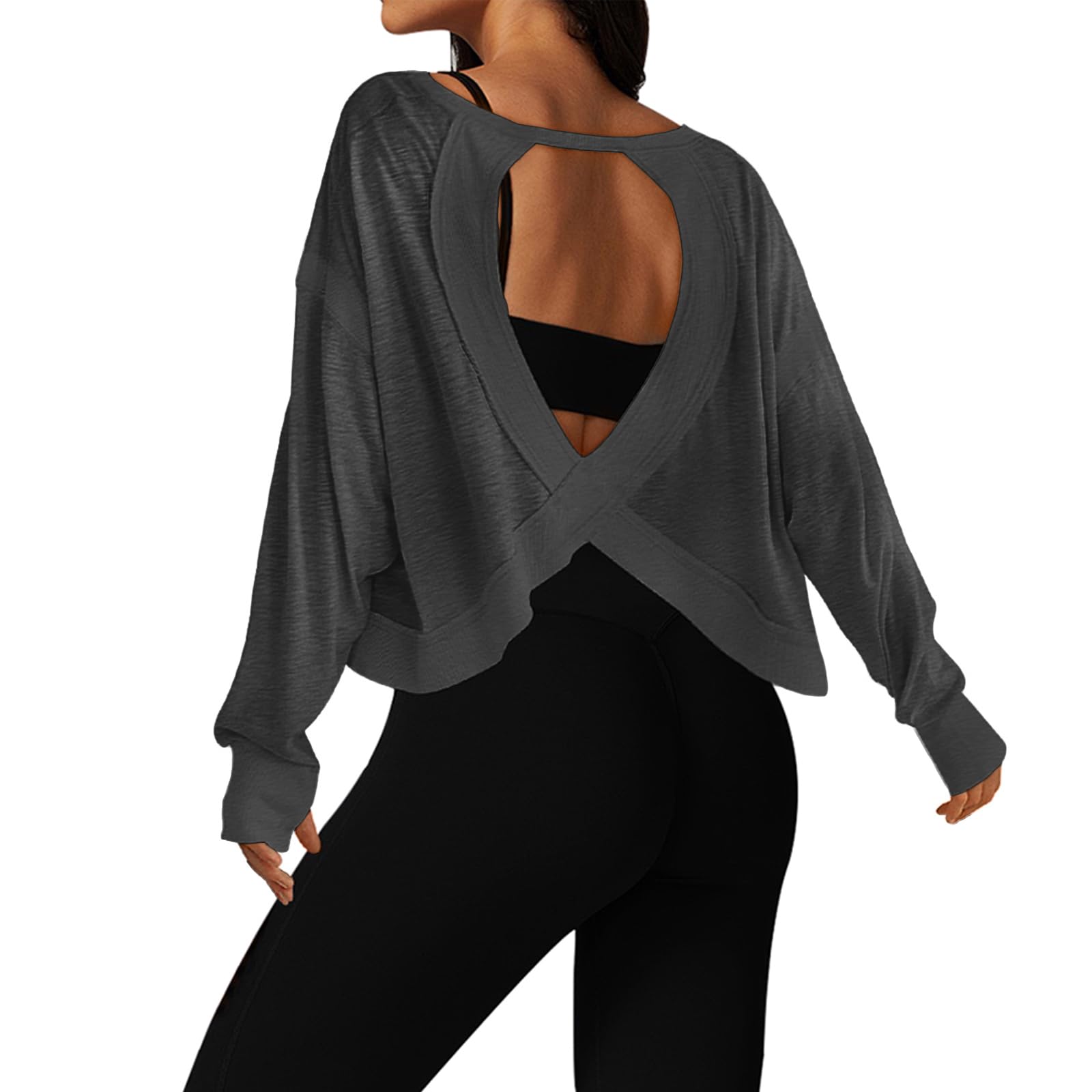 UNIANKIYA Open Back Workout Tops for Women Long Sleeve Cropped Athletic Clothes Gym Running Yoga Low Impact Sports T Shirts