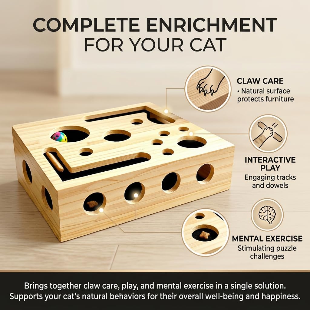 Rufftopia Cat Claw Saver, Wooden Cat Nail File Scratcher Box with Interactive Maze, Bell Ball & Toy Wand for Indoor Cats, Stress-Free Feline Claw Care Alternative (1pCS)