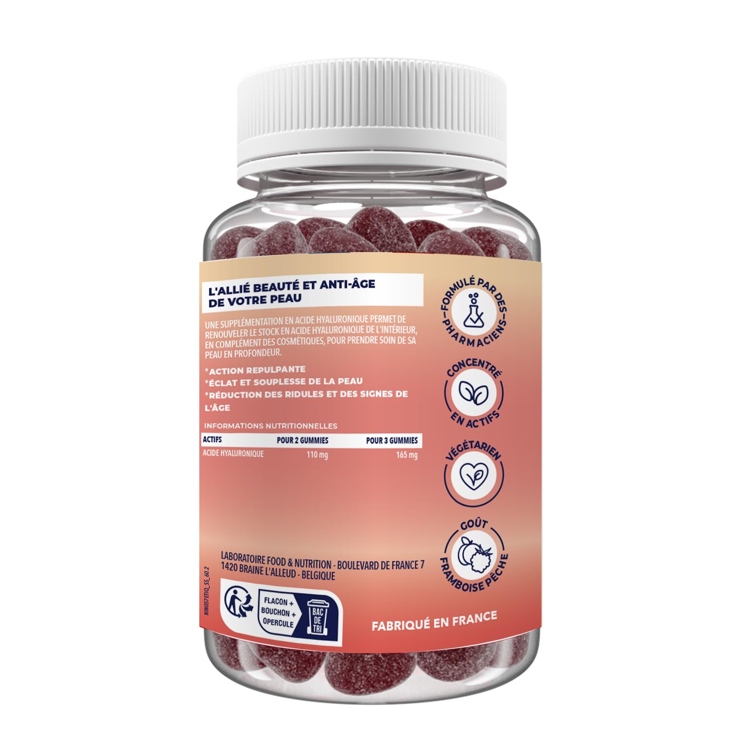 ZOHI - Coffret Compléments Alimentaires - Acide Hyaluronique - Cure de 3 Mois - 3 x 60 Gommes de Fruits Goût Framboise Pêche - 180 Gummies - Fabriqué en France
