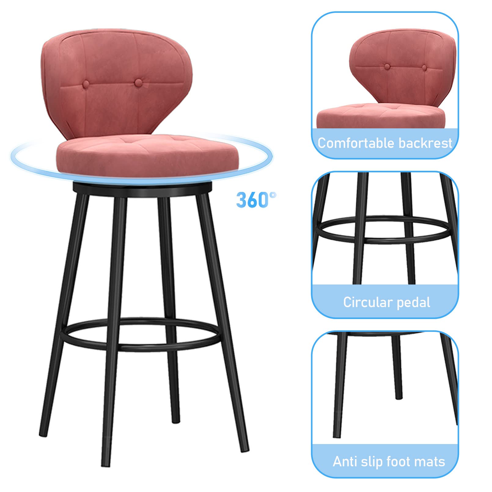 LUUYYI Moderno sgabello da bar girevole in velluto bianco con schienale basso e gambe in metallo nero, altezza da banco, sedia da cucina per la colazione a casa, set da 1 (rosa, 1 pezzo)