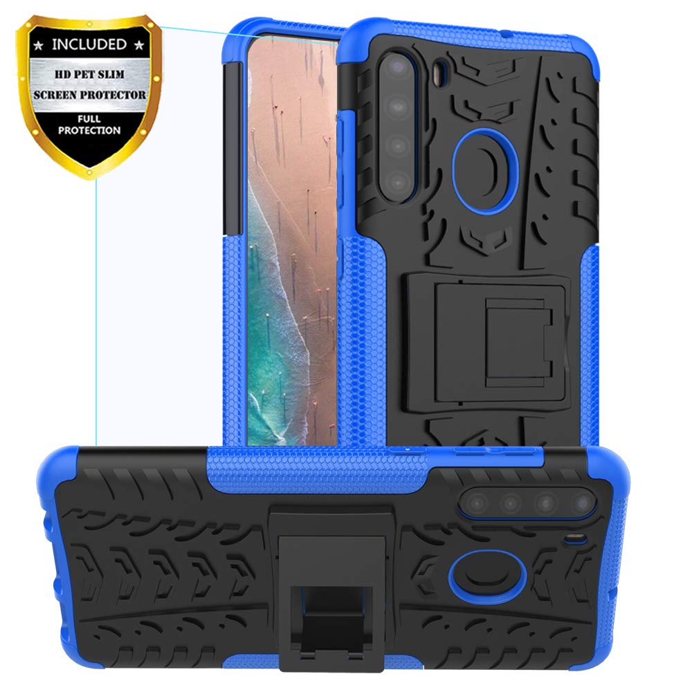 Samsung A21 case,Galaxy A21 case with HD Screen Protector,PUSHIMEI with Kickstand Hard PC Back Cover Soft TPU Dual Layer Protection Phone Stand Case Cover Samsung Galaxy A21(Blue Kickstand case)