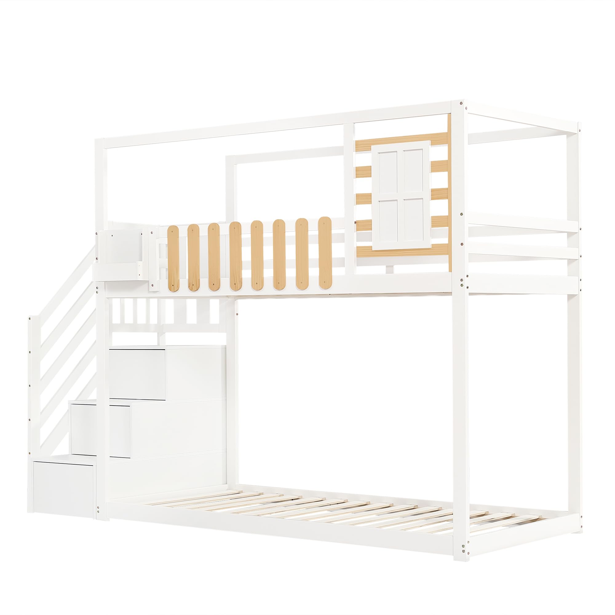 Aoskem Kinderbett Etagenbett 90x200 cm für 2 Kinder, Hochbett Hausbett mit Treppe Stauraum, Holzbett mit Fenster & Gitter, Bettgestell Kinderbett mit Rausfallschutz & Lattenrost, Ohne Matratze, Weiß