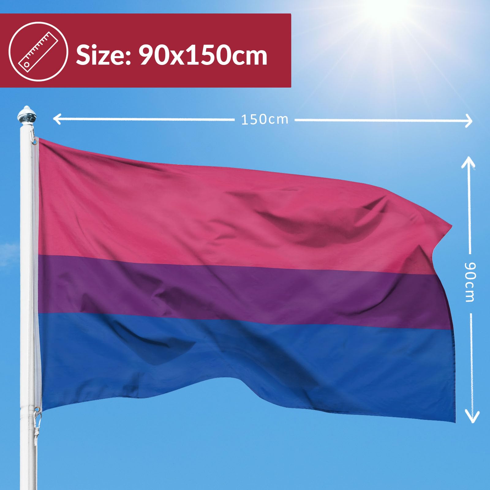 PHENO FLAGS Flaga Bi Pride - Biseksualizm flaga z mosiężnymi oczkami - 90 x 150 cm - odporne na warunki atmosferyczne flagi na maszt - 100% poliester