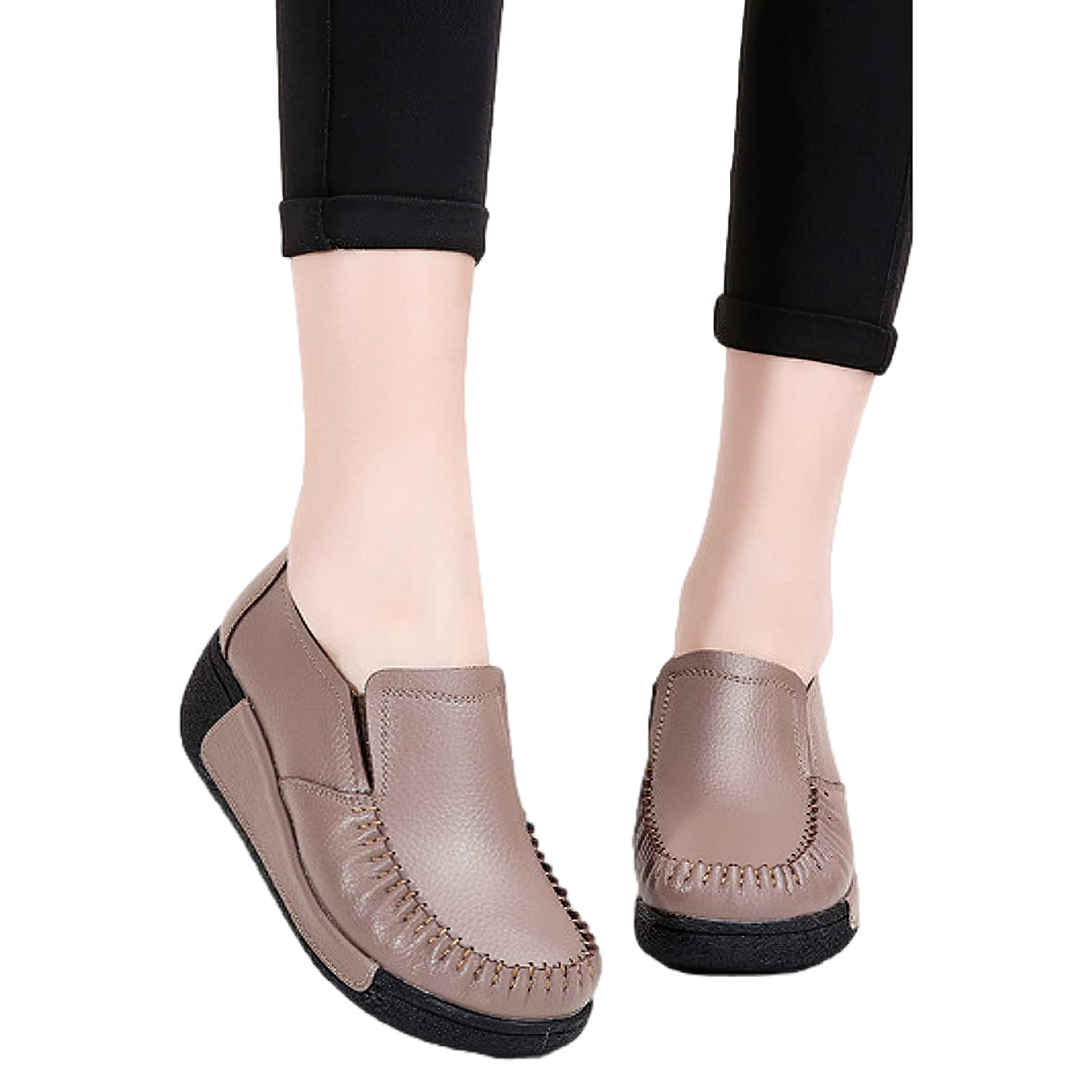 rismart Mujer Cuero Zapatillas de Deporte con Plataforma Ponerse Cuña Calzado Casual con Banda Elástica