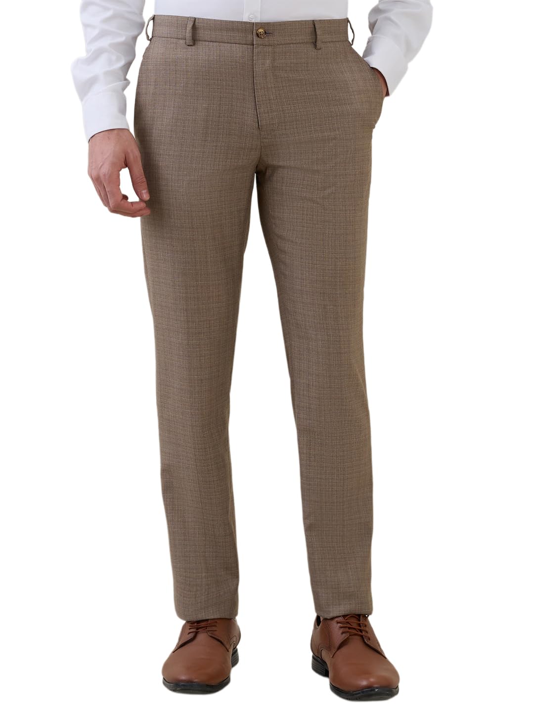 raymond Men Slim Fit Checks Pattern Poly Viscose Blend Flat Front Formal Trouser Brown-picture-19