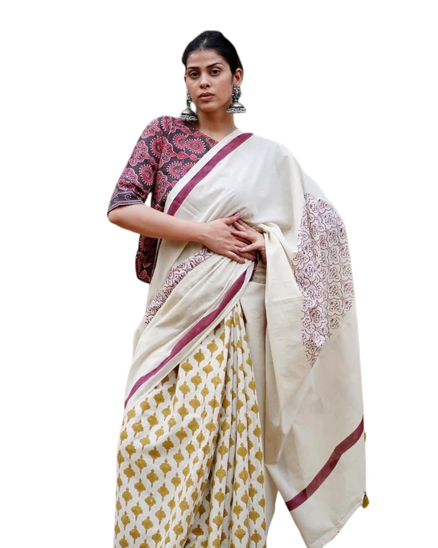 Off-White Printed Linen Saree with Maroon Border, Mustard Motifs, Elegant Ethnic Wear for Women-image-0