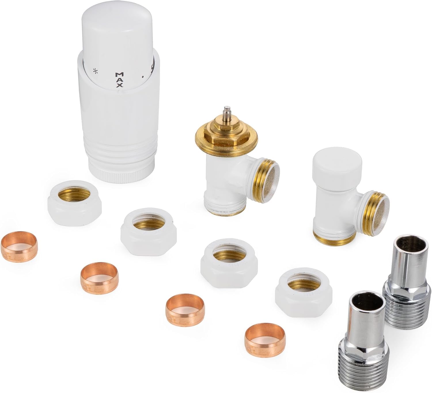 hep Online, valvola termostatica per radiatore 1/2 "× 15 mm, angolata con detentore, set termostato TRV, ottone H62, a risparmio energetico (angolo bianco TRV)